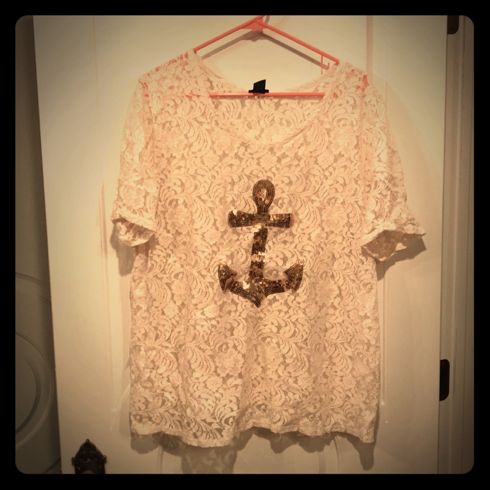 Rue 21 2x cream lace gold sequin anchor top
